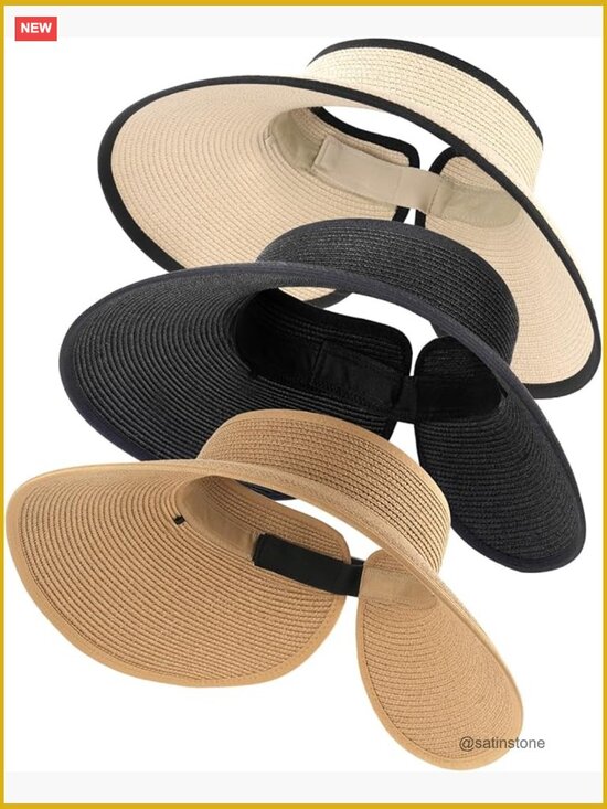 Straw Sun Visor Hat UPF 80+ Wide Brim Ponytail Summer Beach Hat